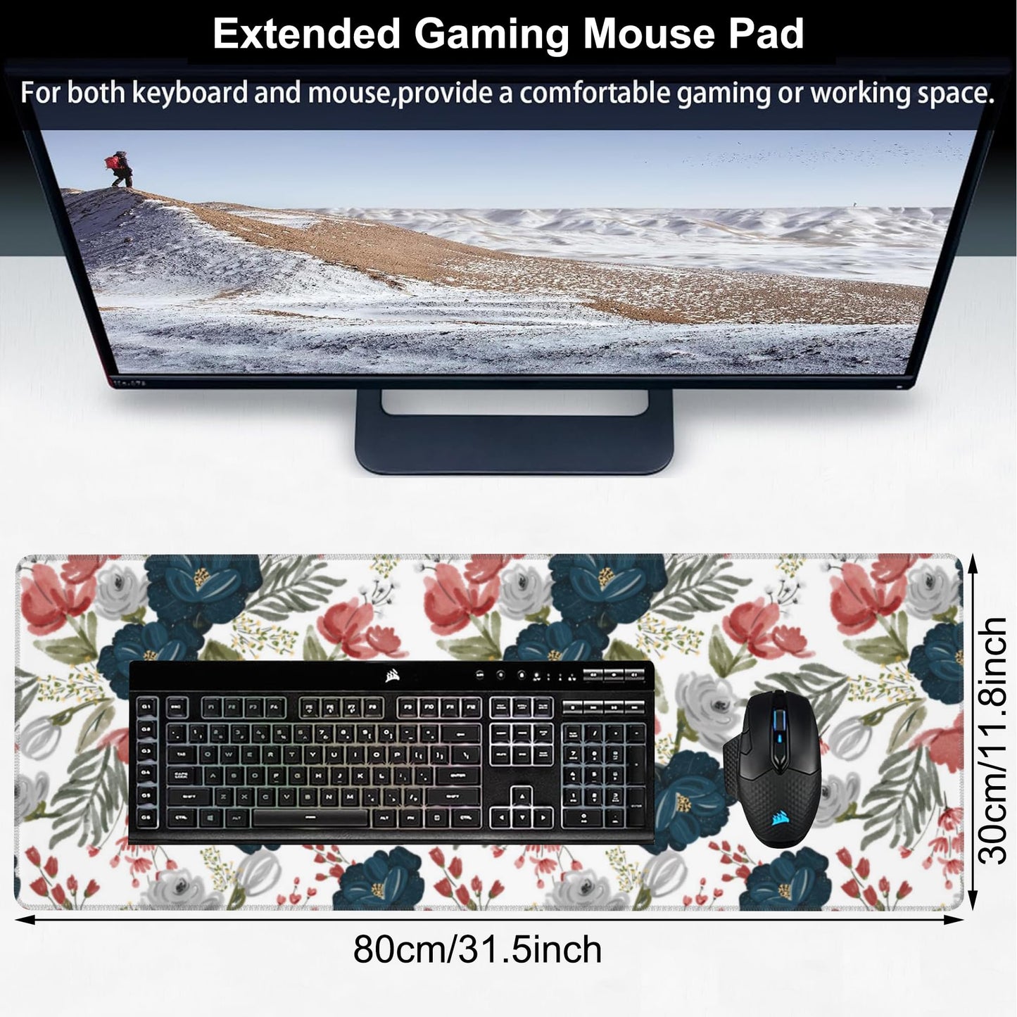 Watercolor Flowers Desk Mat,Large Colorful Floral Gaming Keyboard Mouse Pad,Non-Slip Rubber Base Desk Pad Thick Stitched Edges Waterproof Mousepad Mouse Mat 31.5"x11.8"