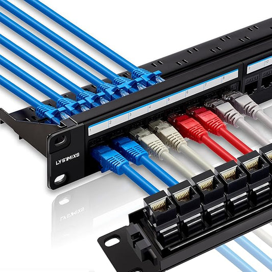Lysymixs 24 Port RJ45 Patch Panel Cat6 Feed Through, Coupler Network Panel 19 Inch, Inline Keystone Ethernet Patch Panel with Back Bar