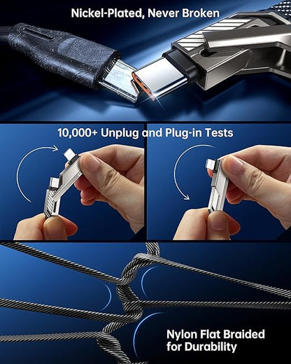 4-in-1 USB C Cable 5FT Compatible with Lightning Cable 90 Degree Fast Charging Flat Nylon Braided for iPhone/iPad Charger Cord Multi Charge Cord with L/USB C/USB A Ports, Grey