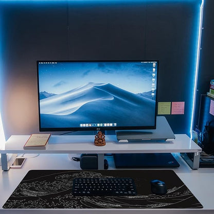 Desk Mat, Black Japanese Sea Wave Desk Pad, Extended Big Computer Keyboard Mouse Pad with Non-Slip Base and Stitched Edge, 35.4"x15.7"