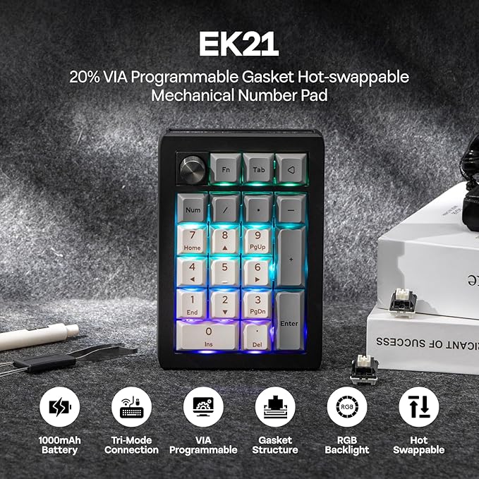 EPOMAKER EK21 VIA Gasket Number Pad w/ 1000mAh Battery, BT 5.0/2.4GHz/Wired