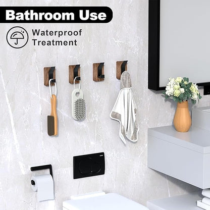 4 PCS Black Walnut Wood Wall Hooks Adhesive Mounted & Wall Mounted Rustic Decorative Entryway Hooks Mid Century Modern Natural Wooden Pegs for Hanging Coat Clothes Hat Bag Purse and Towel