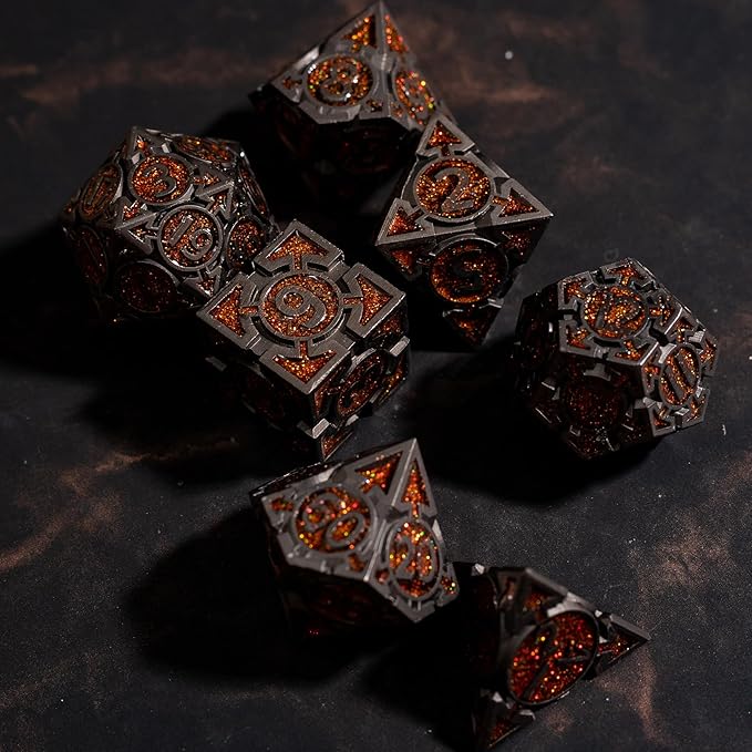 Orange Black Nickel Finish Heavy Metal DND Dice Set (Bard) with A Metal Box, Sharp Edge Zinc Alloy D&D Accessories, D4-D20, Designed for Dungeons & Dragons Master, RPG Player, Starter