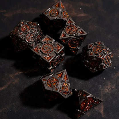 Orange Black Nickel Finish Heavy Metal DND Dice Set (Bard) with A Metal Box, Sharp Edge Zinc Alloy D&D Accessories, D4-D20, Designed for Dungeons & Dragons Master, RPG Player, Starter