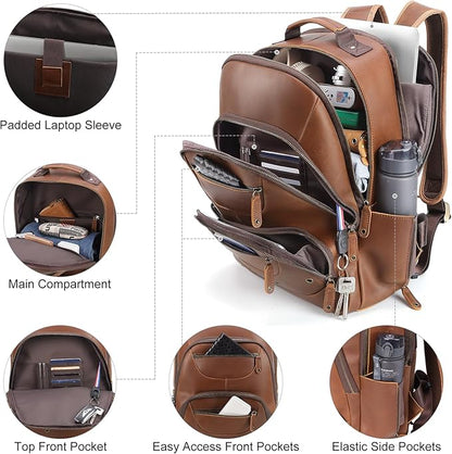 TIDING Brown Leather Travel Backpack for Men, Vintage 16 Inch Laptop Casual Daypack Business Camping Overnight Rucksack