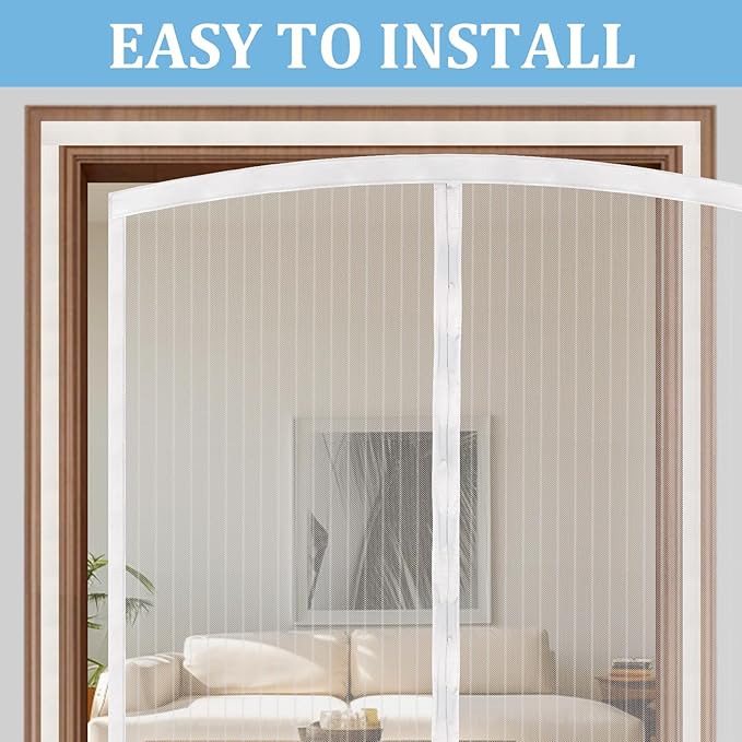 Magnetic Screen Door - Self Sealing, Heavy Duty, Hands Free Mesh Partition Keeps Bugs Out Let Breeze in- Pet and Kid Friendly - Keep Open Feature (White, Fit Door Size 34 x 80 Inch)