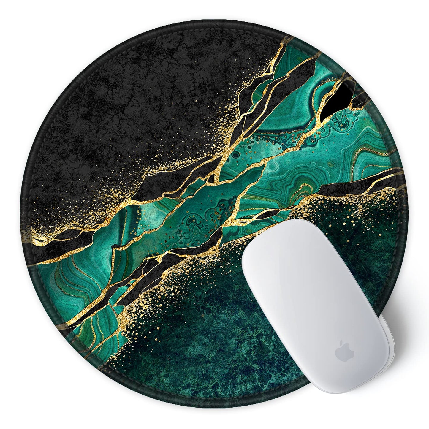 ITNRSIIET Round Mouse Pad with Stitched Edge Premium-Textured Waterproof Non-Slip Rubber Base Desktop Protection Mat Diameter 8.7 inches, Green Marble Gold