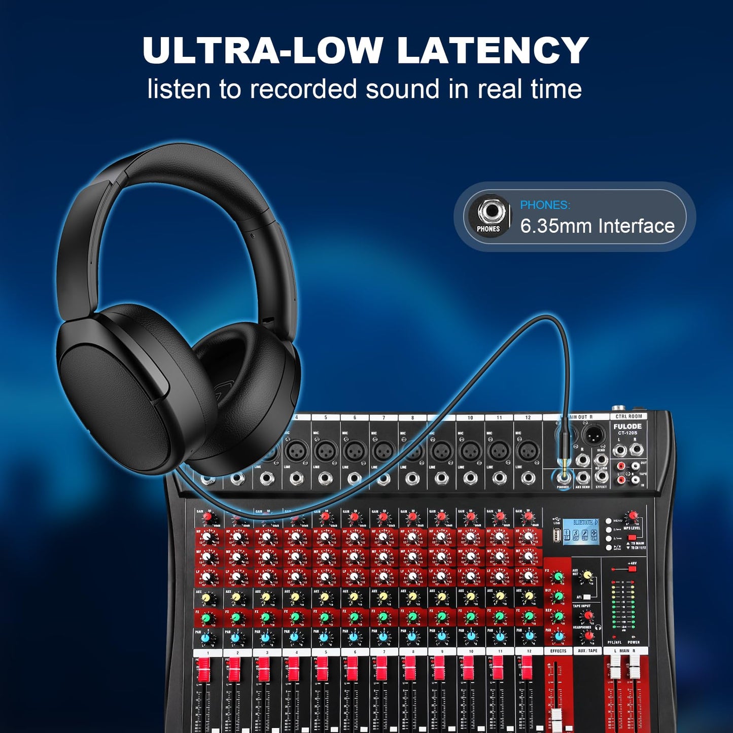 FULODE 12 Channel Audio Mixer, Professional Music Mixer Board DJ Mixing Console with Bluetooth, USB/MP3 Player, Reverb, and 48V Phantom Power for Studio Recording, Karaoke, and Live Performances