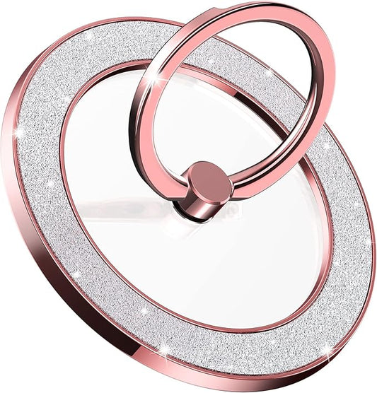 Pikabo Magnetic Phone Ring Holder for MagSafe, Glitter Phone Grip Stand with 360° Rotation Finger Ring Kickstand Compatible with iPhone MagSafe Accessories. (Glitter Rose Gold)