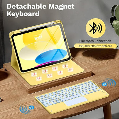 MoKo Touch Keyboard Case for iPad (A16) 11th Generation 11 inch 2025, iPad 10th Generation 10.9 inch Case with Pencil Holder, 7 Colors Backlit Multi-TrackPad Detachable Bluetooth Keyboard,Light Yellow