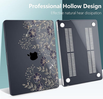TWOLSKOO Compatible with M4 MacBook Air 13.6 inch Case 2025-2022 Release M4 A3240 M3 A3113 M2 A2681, Plastic Hard Shell & Keyboard Cover & Type C Adapter & Screen Protector, Golden Flowers