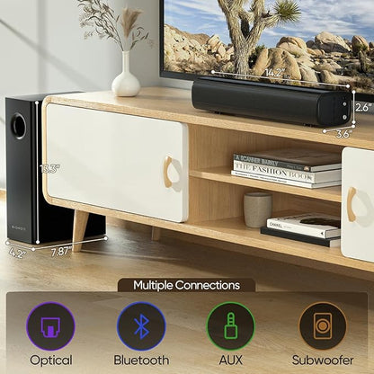 Sound Bars for Smart TV with Subwoofer, 2.1 Deep Bass Small Soundbar Home Theater Surround System Speaker with 4 Inch Subwoofer, Bluetooth/Optical/AUX Connection, Compact Soundbar for TV