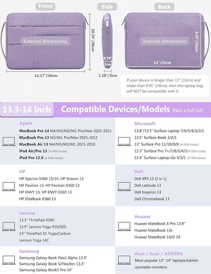 HYZUO 13.3-14 Inch Laptop Sleeve Bag for MacBook Pro 14 M5-M1, MacBook Air/Pro 13, 13.8-13 Surface Laptop/Book, Portable Notebook Case for 13" HP Dell Lenovo ThinkPad Asus Acer Samsung, Lilac Purple
