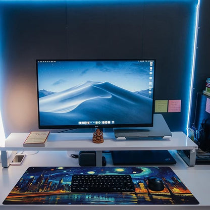 Desk Pad,City Starry Night Desk Mat,Abstract Oil Painting Large Gaming Mouse Pad for Desk,Extended Big Computer Keyboard Mouse Pad with Non-Slip Base and Stitched Edge,35.4"x15.7"