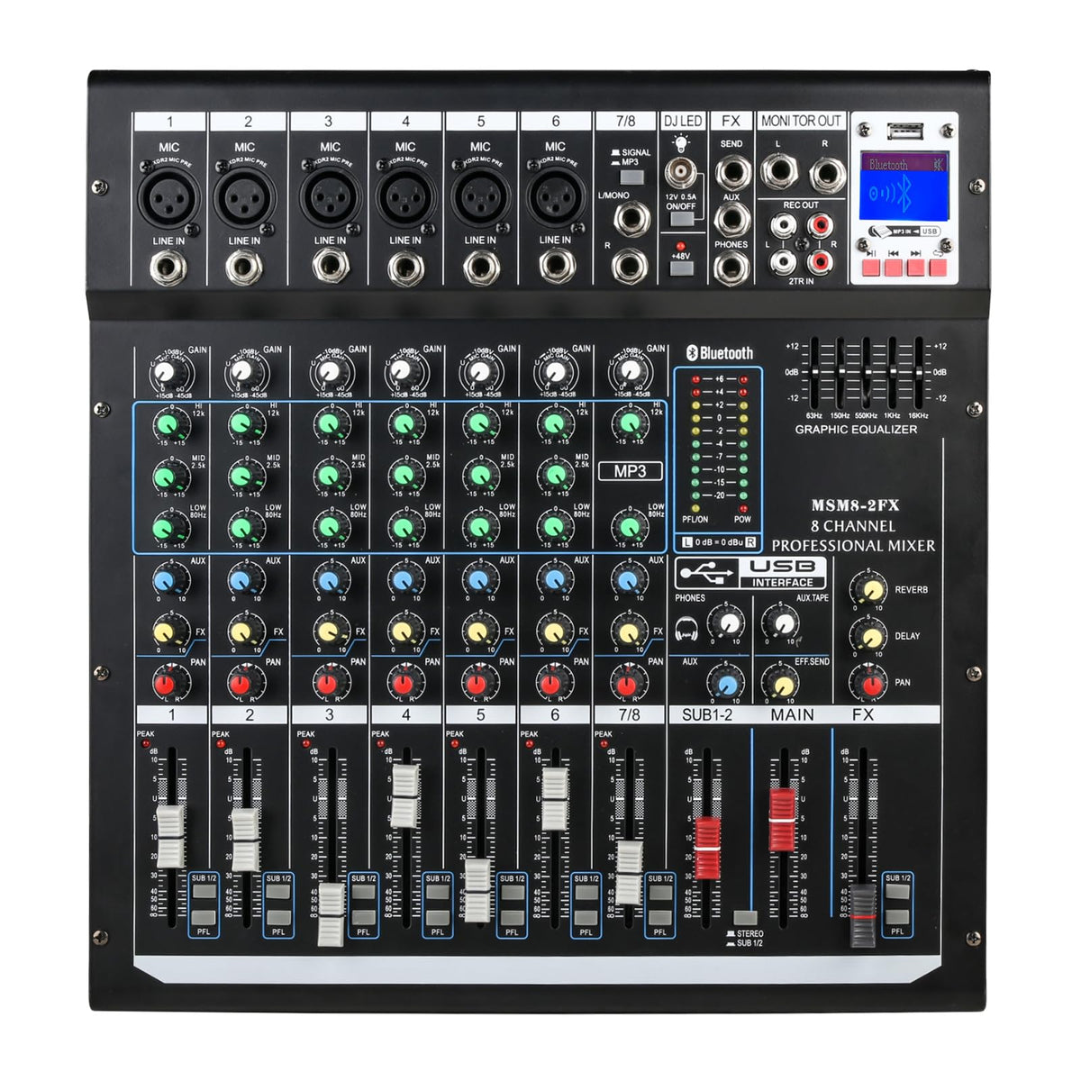 Dj Mixers 4 Channel Audio Mixer Sound Board with Bluetooth, Usb Audio Interface with 48V Phantom Power Sounds Mixer Board with 99 DSP FX Reverb Delay Effect