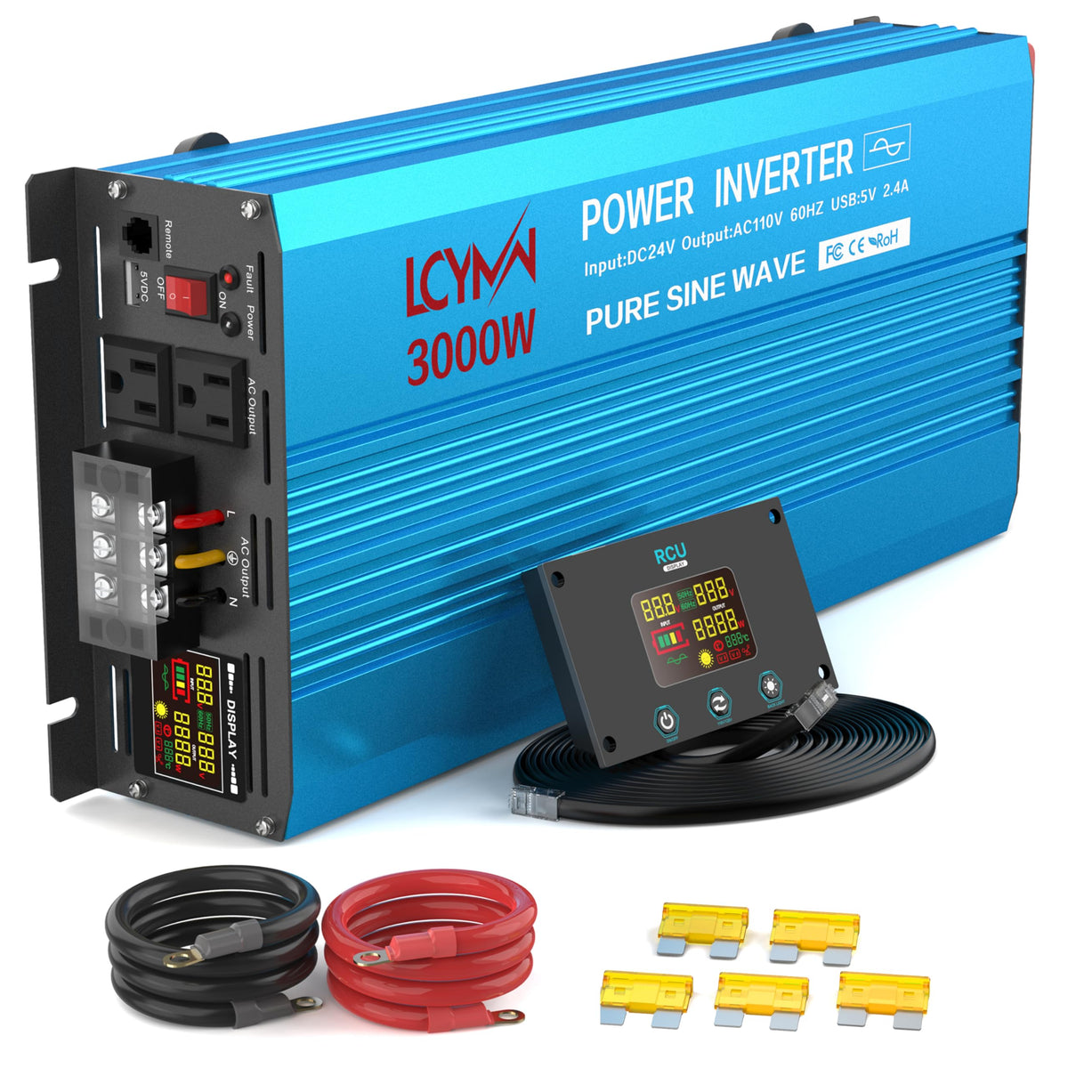 4000 Watt Pure Sine Wave Power Inverter DC 24V to 110/120V AC with 2 AC Charger Outlets and Wiring Terminal 8000W Peak Car Solar Converter for Vehicles Home with LCD Display and 2.4A USB Charging Port