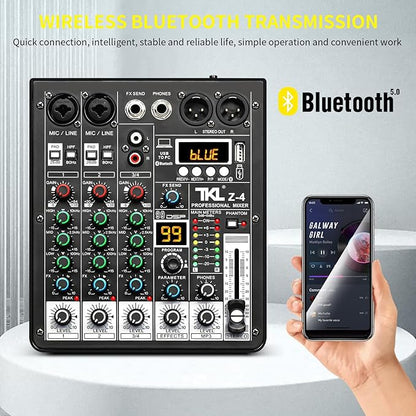 4 Channel Audio Mixer, Professional DJ Mixer Sound Board Mixing Console with 99-Bit DSP Effect, Bluetooth USB Interface Stereo Mixer Board with 48V Phantom Power For Recording Live Stream