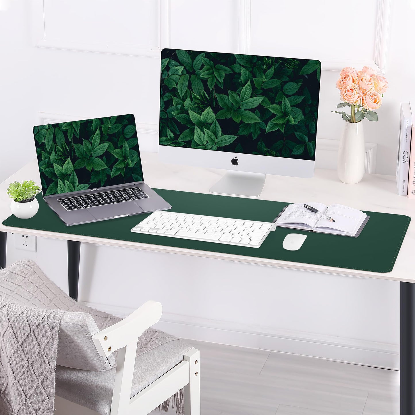 AFIING Leather Desk Pad Protector, Large Desk Mat with Natural Cork & PU Leather, Mouse Pad, Non-Slip, Waterproof Desk Writing Pad for Office and Home (Dark Green)