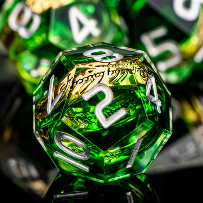 ORIFANTOU Magic Golden Ring DND Dice Set with Case, Green Resin Sharp Edge D and D Dice for use with D&D Tabletop Games Lord Handmade Polyhedral Dice Set D20 D12 D10 D8 D6 D4