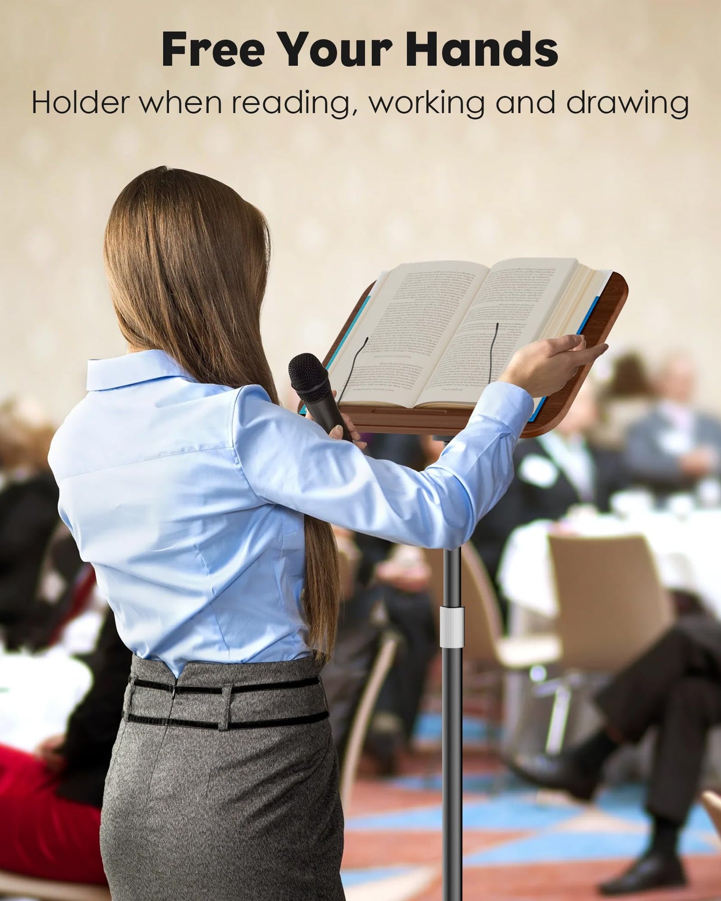 aboutool 2 in 1 Dual-use Floor Book Stand & Desktop Book Stand,Height Adjustable from 33-63in, Adjustable Book Holder with Elastic Page Clips for Music Scores, Recipe, Tablet, Laptop