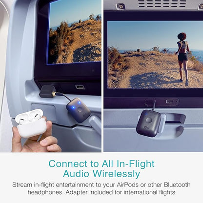 MEE audio Connect Air in-Flight Bluetooth Wireless Audio Transmitter, with Extra Dual 3.5mm Jack AUX Adapter, for up to 2 AirPods/Other Headphones; Works with All 3.5mm Aux Jacks, Black