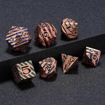 Metallic Glitter Stripes D&D,DND Metal Dice,7pcs Polyhedral Dice Set with Gift Case for D&D Tabletop Game (Antique Red Copper Seven Colors)