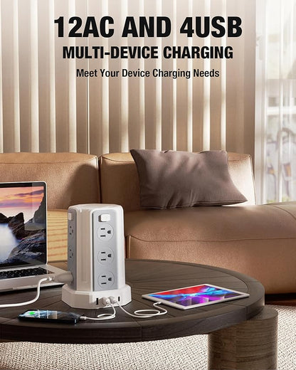Power Strip Surge Protector, 10 Ft Extension Cord with 12 AC Multiple Outlets 4 USB (1 USB C), SMALLRT Power Tower Desktop Charging Station (White, 10 FT)