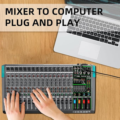 Depusheng MX16 16 Channel Sound Mixer Audio Mixing Console 48V 256DSP Professional USB PC Play Record Podcast Live Broadcast (US MX16)