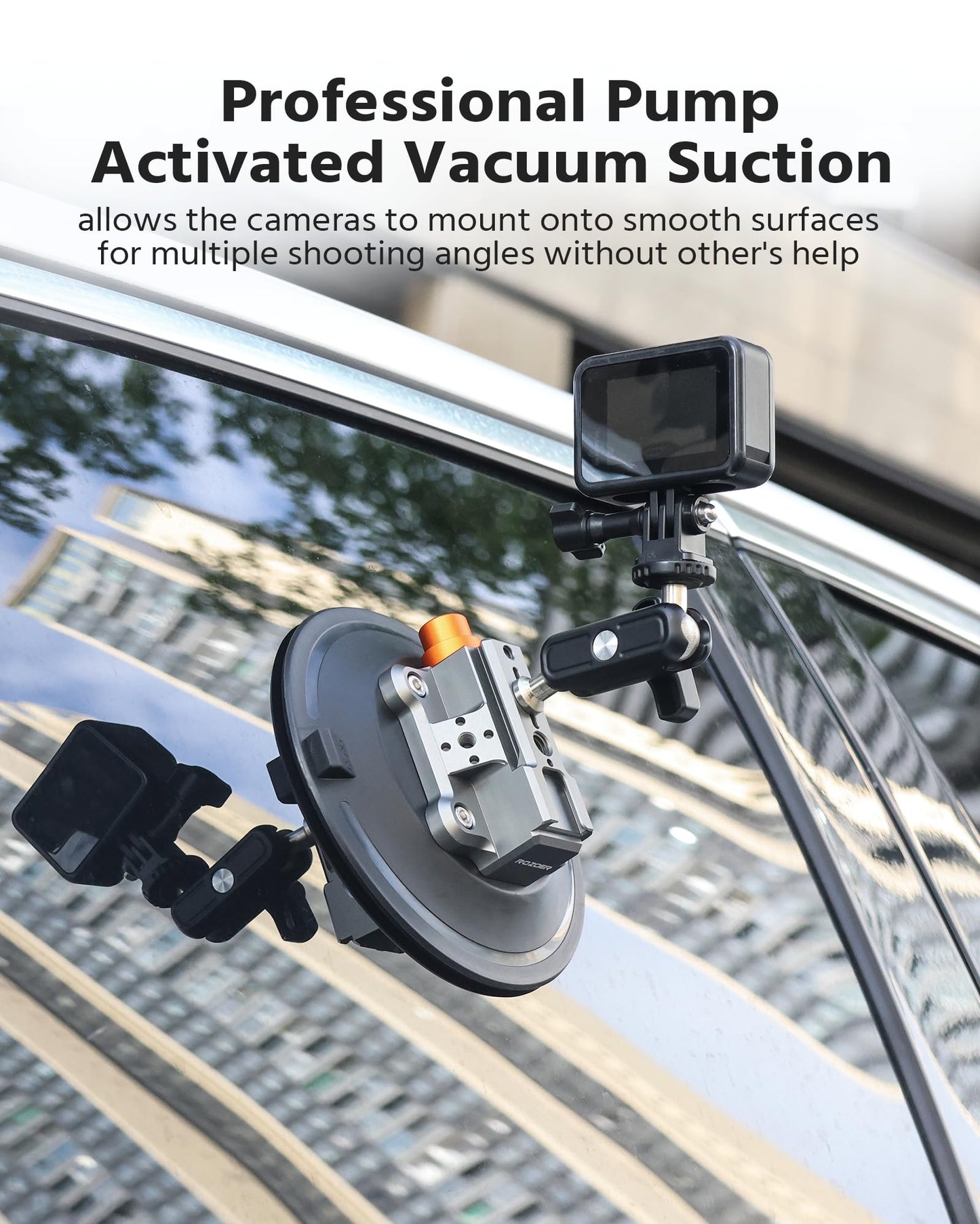 ROZOER 6" Suction Cup Camera Mount – Car, Windshield & Dash Cam Mount with Cold Shoe, NATO Rail, 1/4"-20 & 3/8-16 Threads (6”)