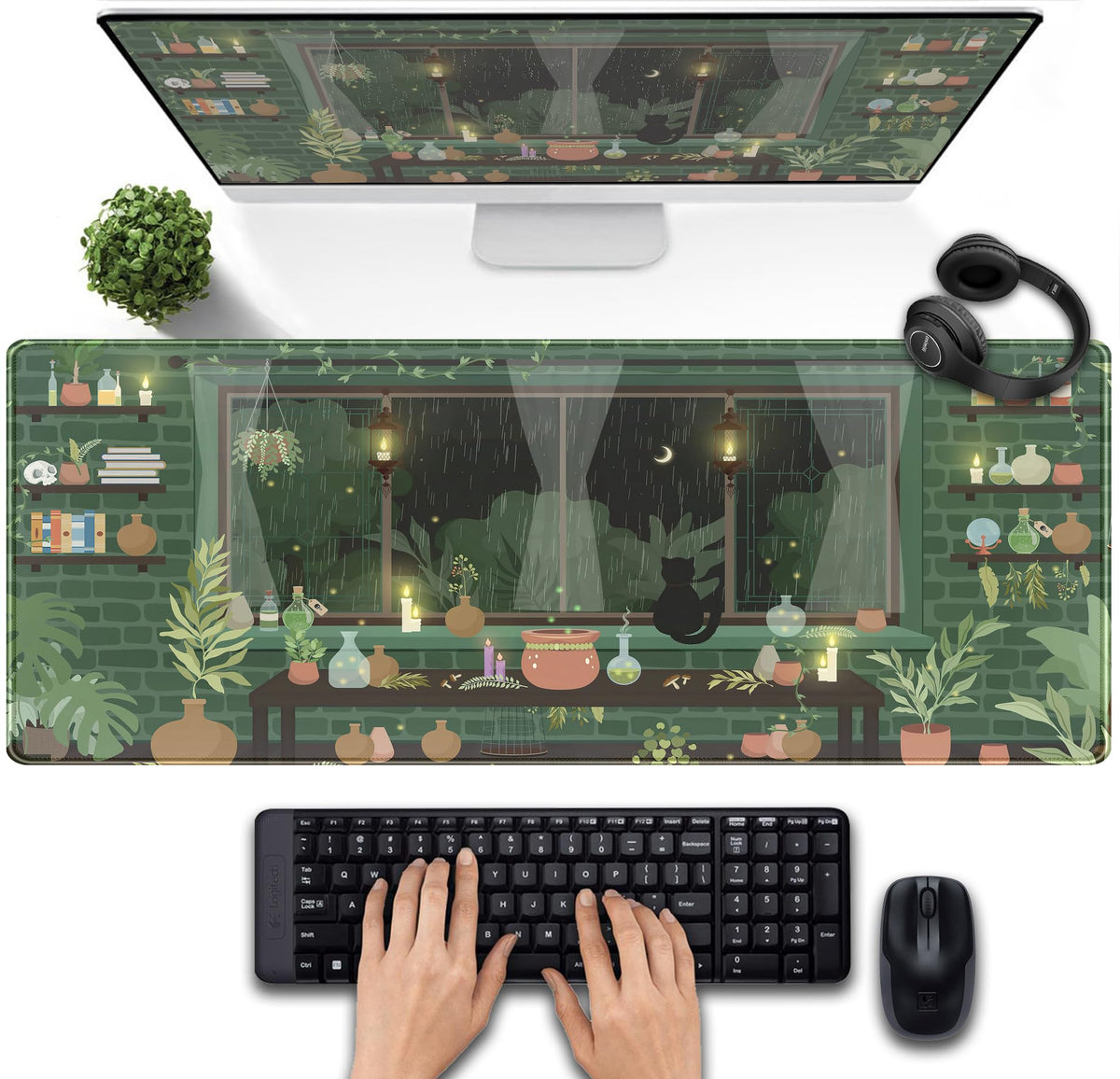 Cute Pastel Mint Green Forest Sage Desk Mat Anime Large Gaming Mouse Pad XL, Aesthetic Sunrise Laptop Computer Keyboard Mouse Mat, Women Office Desk Decor Cover Mat with Stitched Edges 31.5"x11.8"