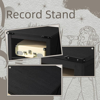 Record Player Stand with Vinyl Record Storage - Holds up to 160 Albums, Large Wooden Turntable Table, Black Cabinet Display Shelf for Living Room, Bedroom, Office