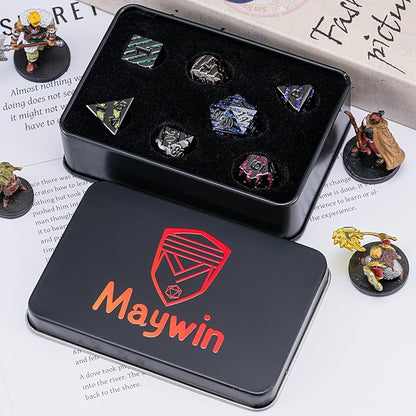 Metallic Glitter Stripes D&D Dice Set,7 PCS Polyhedral Dice Set with Gift Metal Box for Dungeons and Dragons,DND Metal Dice for Tabletop Game (Black Nickel Seven Colors)