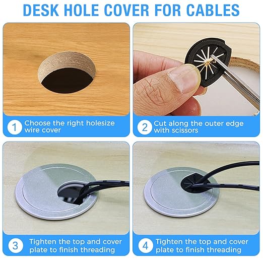 Desk Grommet 2-3/8" (60 mm), Desk Cord Hole Cover, Cable Grommet ABS Plastic, Desk Hole Grommet for Office and Home Table Cable, Detachable Cable Cord Organizer (Silver Sand 4 Pcs)