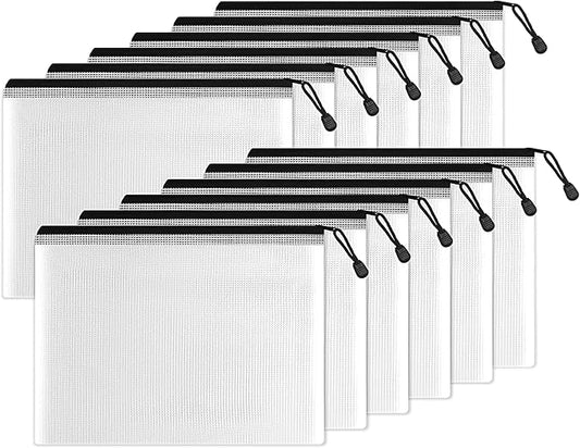 SUNEE Plastic Mesh Zipper Pouch 7.8x10.8 in (Black, 12 Packs), Small Water-Resistant Zip Bag for School Office Supplies, Pencil Organizing Storage