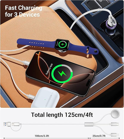 Temdan for Travel Vacation Essentials,3 in 2 USB C Cable for Apple Watch Charger/iPhone 16 Charger/Lightning,Multi Charging Cable Cord,Camping Essentials,Designed for iWatch &iPhone 16-12-4FT White