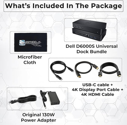 Dell D6000S Universal Dock Bundle with 130W Power Adapter – USB-C, Dual DisplayPort with 4K HDMI Cable + 4K DisplayPort Cable + USB-C Cable + Microfiber Cloth - Supports 4K Display (Renewed)