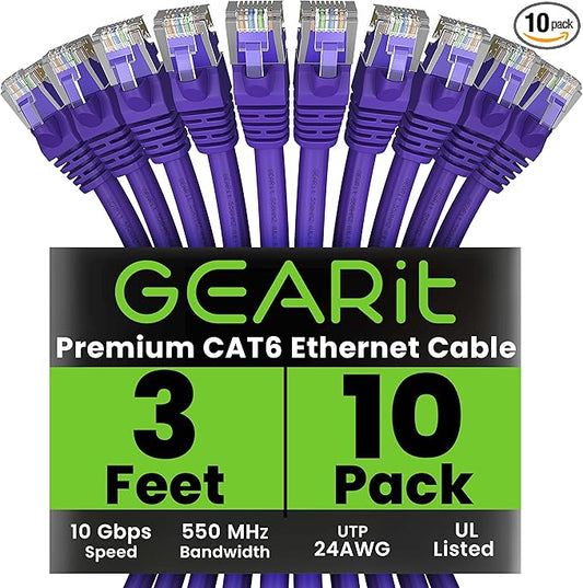 GEARit Cat 6 Ethernet Patch Cable 3 ft Purple (10 Pack) Cat6 Patch Cables 3ft Purple/Ethernet Patch Cable, 10Gbps 550MHz 24AWG Pure Copper, Snagless, Gold Plated RJ45 for Router, Server, Router, PC