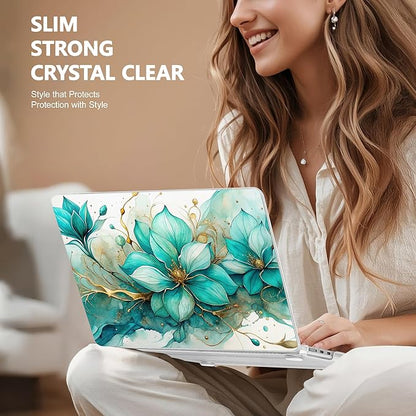 Case for MacBook Air 15 Inch 2025 2024 2023 Release M4 A3241 M3 A3114 M2 A2941, Hard Shell with Screen Protector & Keyboard Cover, Compatible with Touch ID, Green Floral