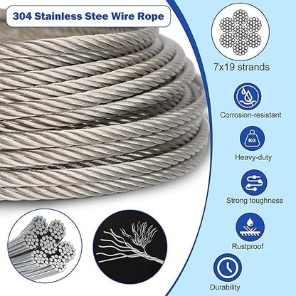 TooTaci 3/16" Stainless Steel Cable, 50ft Wire Rope with Aluminum Crimping Sleeve&Thimbles, 7x19 Strands, 3700lbs Breaking Strength Heavy Duty Aircraft Cable for Zipline, Deck Railing, Shade Sail