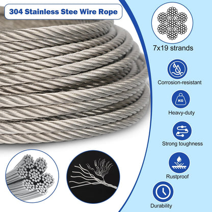 TooTaci 3/16" Stainless Steel Cable, 100ft Wire Rope with Aluminum Crimping Sleeve&Thimbles, 7x19 Strands, 3700lbs Breaking Strength Heavy Duty Aircraft Cable for Zipline, Deck Railing, Shade Sail