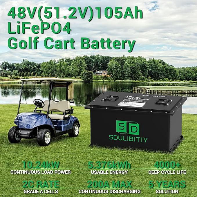 48V 105Ah LiFePO4 Lithium Golf Cart Battery, Built-in Smart 200A BMS, with Touch Monitor, Mobile APP, 4000+ Cycles Rechargeable Lithium Golf Cart Battery, Max 10.24kW Power Output for Golf Cart