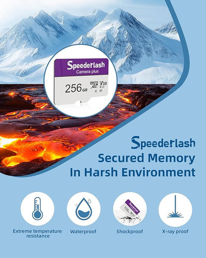 Micro SDXC Memory Card 256GB 2 Pack, Speederlash Camera Plus TF Card with Adapter, Up to 100MB/s Read Speed, 4K UHD&5K Video Support, U1 V30 A1 Rated, Waterproof, for Security Camera, Dashcam, Drones