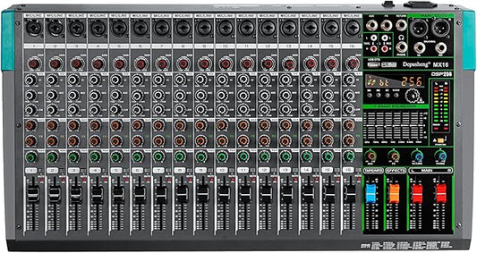 Depusheng MX16 16 Channel Sound Mixer Audio Mixing Console 48V 256DSP Professional USB PC Play Record Podcast Live Broadcast (US MX16)