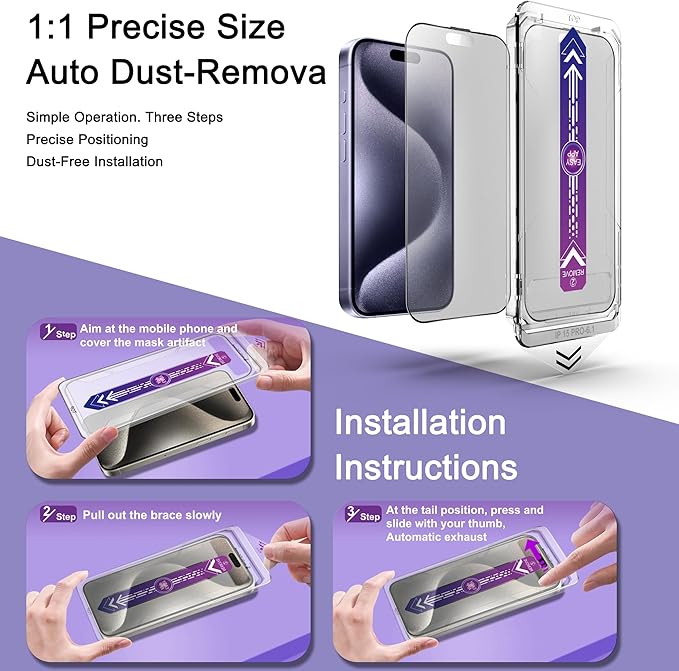 2 Pack Matte Screen Protector for iPhone 15 Pro, 9H Tempered Glass, Full Coverage, Anti-Fingerprint, Auto Dust-Elimination, No Bubble, Easy Installation