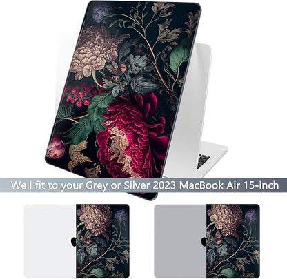 Batianda Premium Case for New MacBook Air 15 inch 2025 2024 2023 with M4 M3 M2 Chip, Designed Black Protective Plastic Hardshell & Keyboard Cover & Screen Protector, Vintage Flower