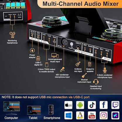 Audio Mixer, Sound Board for Pc/Phone Live Streaming Singing Gaming, Sound Mixer for 3.5mm/Xlr Dynamic/48V Microphone, Live Sound Card with DJ Mixer Effects & Voice Changer, Denoise, One Click Mute