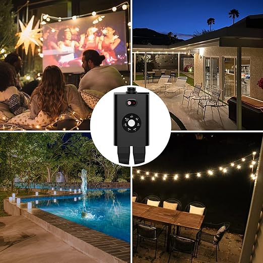 Minoston Outdoor Timer Outlet Waterproof 2 Pack, Dusk to Dawn Photocell Light Sensor Socket, 2/4/6/8 Hours Cutdown Timer, 2 Grounded Outlets for Christmas and Hallowen Deceration, Black(MP40T)