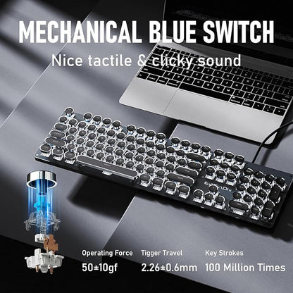 EWEADN TK100 Typewriter Keyboard Wired Mechanical Keyboard, 104 Keys Aesthetic Typewriter Keyboards with White Backlit, Anti-Ghosting, Blue Switch Wired Cute Keyboards-Black