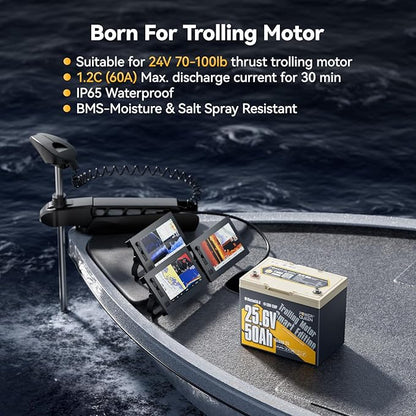 Power Queen 24V50Ah LiFePO4 Battery with Bluetooth 5.0 Remote Control, Low-temperature Protection, 1280Wh Energy, Deep Cycle Lithiumn Battery for 24V Trolling Motor Up To 100 lbs