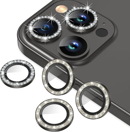 AGVEE 3+3 6 Pack for iPhone 12 Pro Max 6.7" Camera Lens Cover Protector, Bling Diamond & Bling Glitter Metal Ring 9H Tempered HD Glass Camera Cover Protector Film, Bling-Black